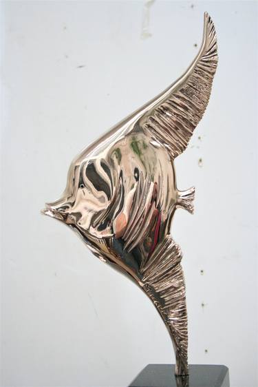 Golden Fish Author's Sculpture Bronze Pedestal Natural Black Stone thumb