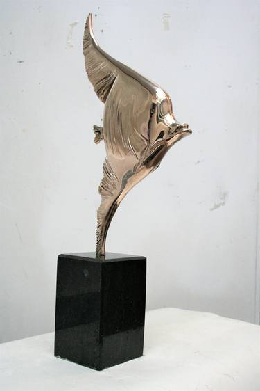 Golden Fish Author's Sculpture Bronze Pedestal Natural Black Stone Sculpture thumb