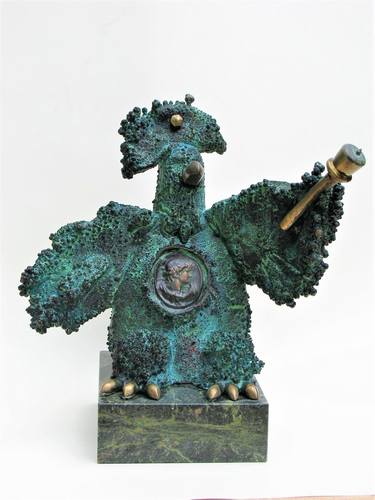 Cock Hero Sculpture made of Copper Author's Sculpture Green Marble thumb