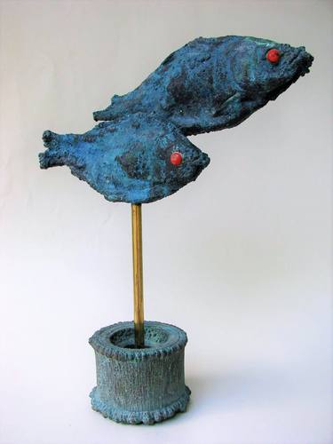 Blue Fish Sculpture Made of Copper Eyes Made of Coral Covered Blue Patina Size 14.1in thumb