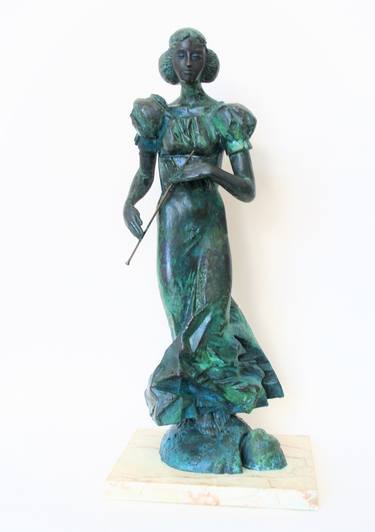 Sculpture Flute Girl Musician Copper Author's Sculpture Green Patina Pedestal made of Natural Stone Free Shipping Limited quantity 1 thumb