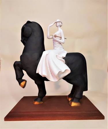 Horsewonan Black Horse and Girl Sculpture Original Author's Sculpture Handmade Made of Cast Marble, Natural Wood Pedestal Free Shipping thumb