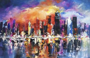 Big city life - city on the waterfront, skyscrapers, multicolored Painting thumb