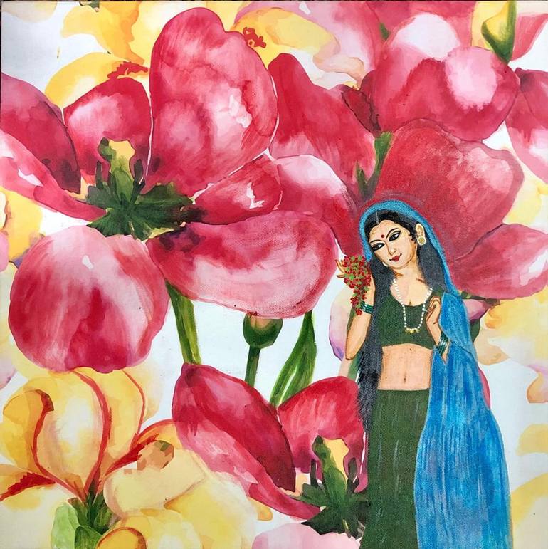 INDIAN LADY WITH FLOWERS IN A FLOWERY BACKGROUND Painting by Bhuvana  Jagadheeswaran | Saatchi Art