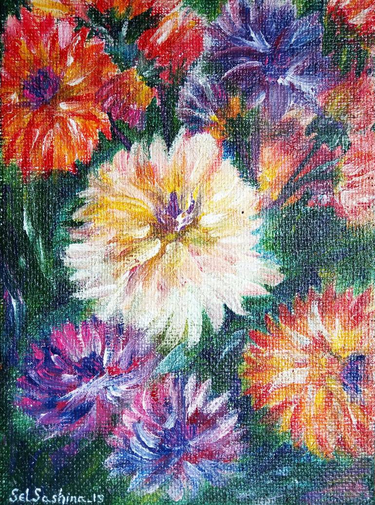 Rainbow Dahlias Painting by Selena Sashina | Saatchi Art