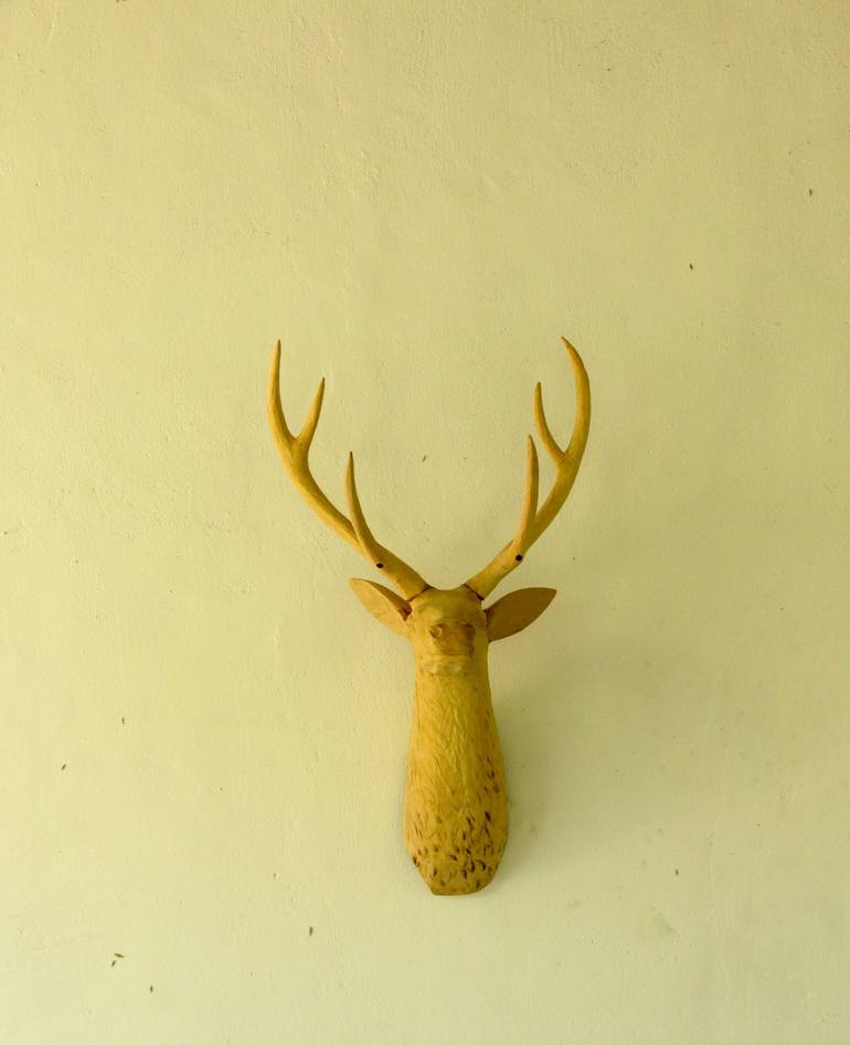 wooden handmade deer head with antarles - Print