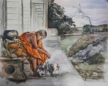 buddhist monk with puppies thumb