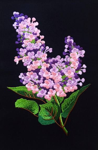 Lilac Flowers, Embroidery on Canvas, with frame and glass thumb