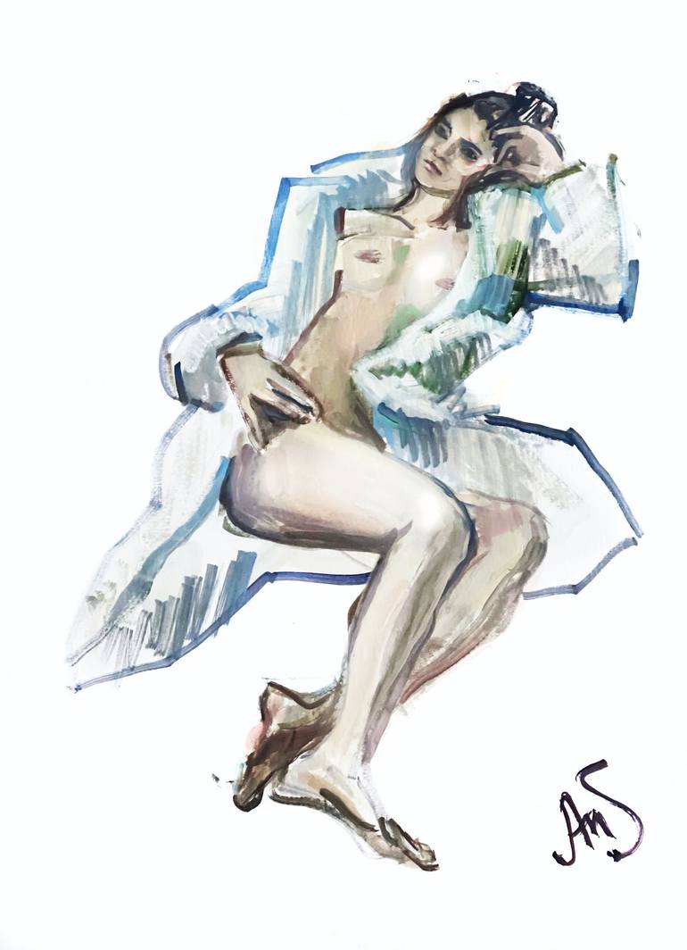 Naked in a fur coat Painting by Anna Selmer | Saatchi Art