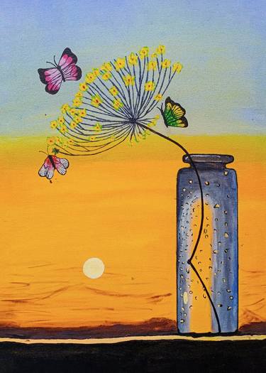 Sunset in desert while flower in the bottle and butterfully around the flower thumb