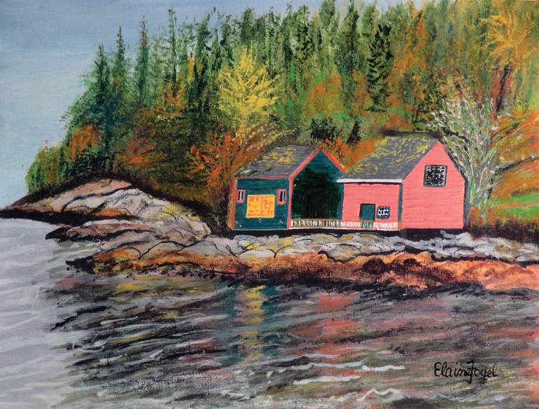 Original Landscape Painting by Elaine Fogel | Other Art on Canvas | Cottage by the Lake