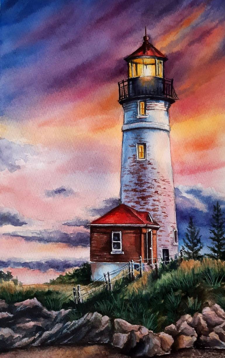 Beautiful vintage pastel seascape lighthouse original online oil painting