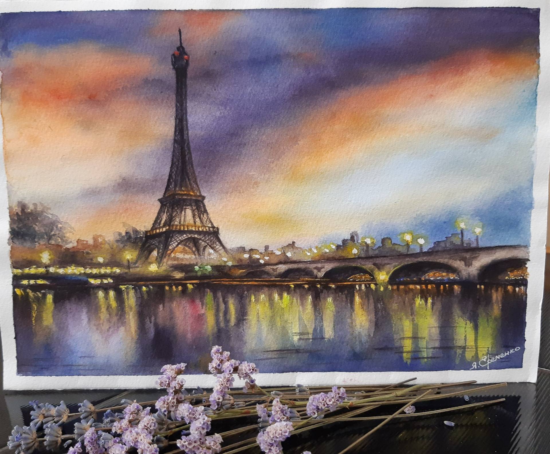 Under the sky of Paris watercolor drawing, evening