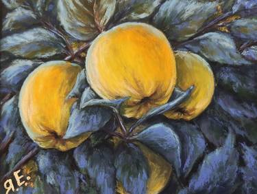 "Yellow quince in the blue moonlight" Pastel drawing. thumb