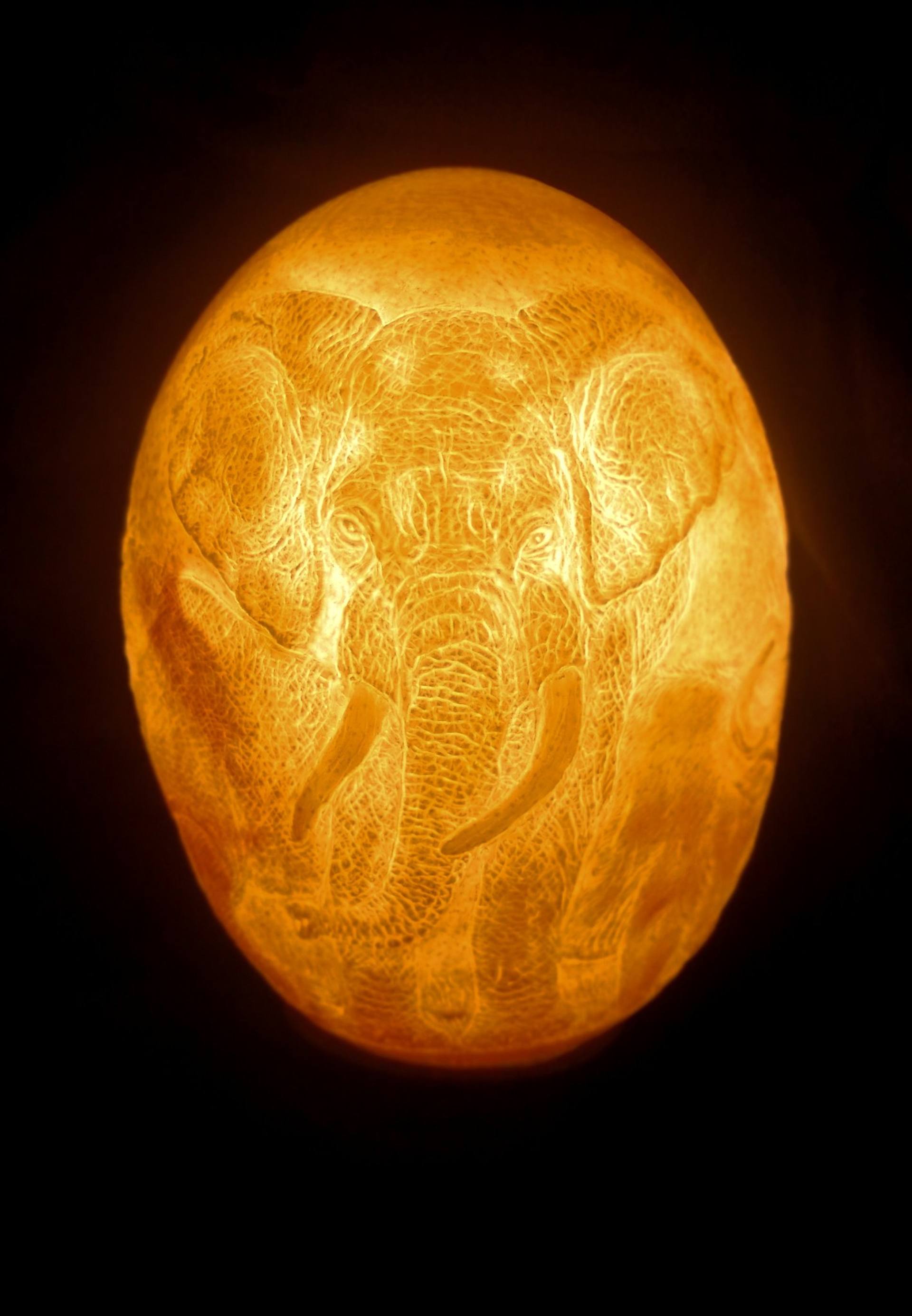 Big 5 Heads carved ostrich egg lamp Big 5 Heads carved ostrich egg lamp