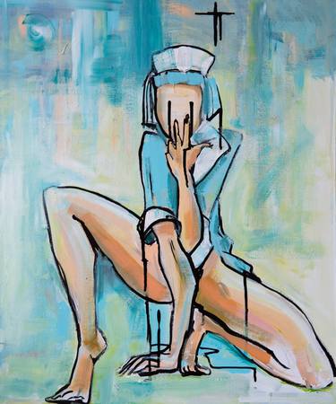 The Fairy godmother Painting Erotic nurse anime medical uniform acrylic on cardboard 60x50 cm blue yellow medium canvas thumb