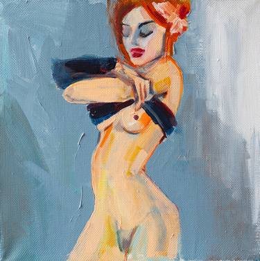 "Backstage" woman with red hair painting on high-quality linen canvas acrylic paint thumb