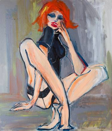 "Behind the scenes" redhead girl sitting on the floor, acrylic painting on cardboard thumb