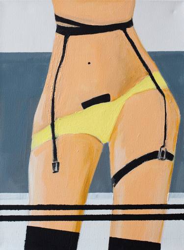 "Stripes" erotic lingerie with garters, acrylic on canvas,yellow color,original painting thumb