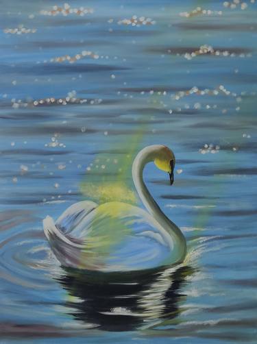 Swan and the Sun rays. Original Oil painting thumb