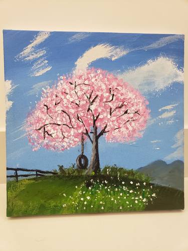 Cherry tree in lush green mountains (acrylic canvas painting) thumb