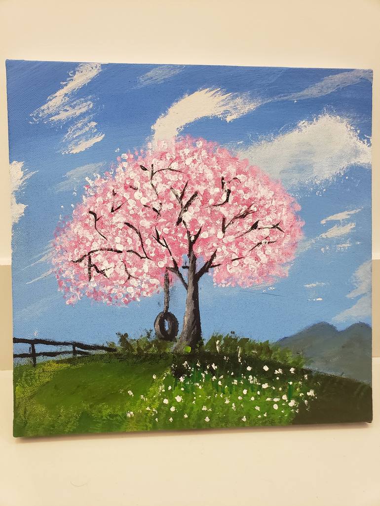 Cherry tree in lush green mountains (acrylic canvas painting) Painting