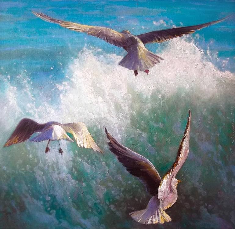 Seascape Bird Blue Original Oil buy Painting