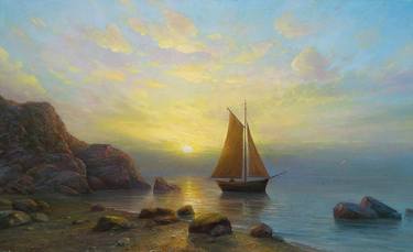 GRATITUDE - original seascape oil painting, sailing boat, waves, sunset, home decor thumb