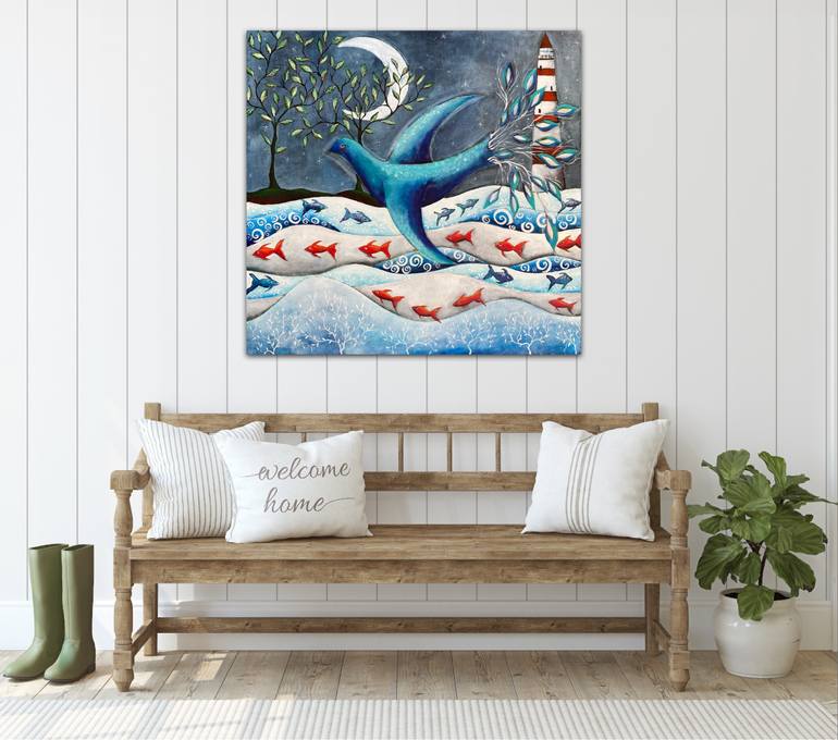 Original Folk Beach Painting by Christine  Onward