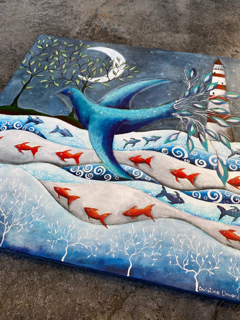 Original Folk Beach Painting by Christine  Onward