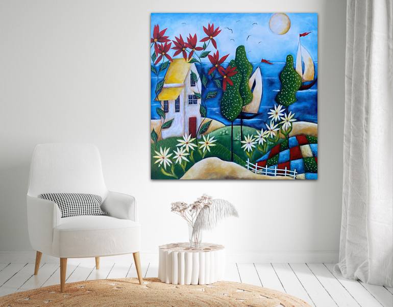 Original Folk Beach Painting by Christine  Onward
