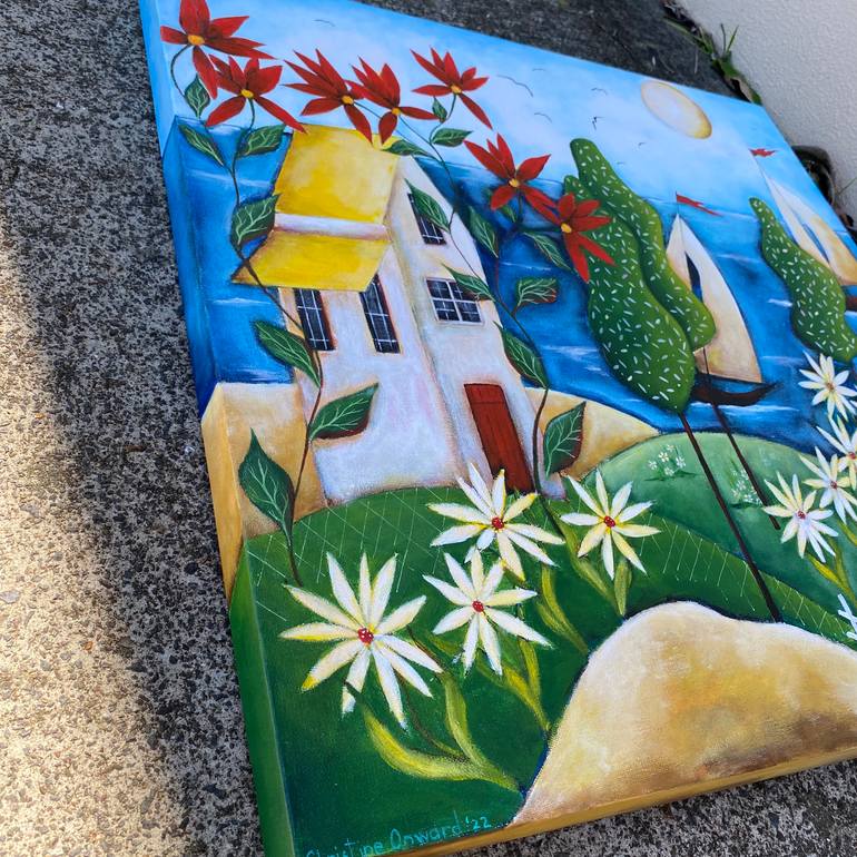 Original Folk Beach Painting by Christine  Onward