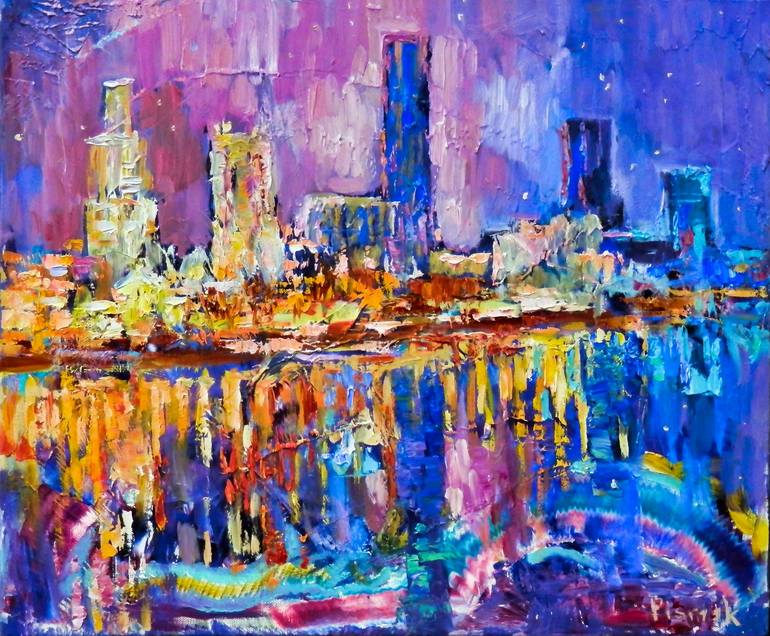 City By The River - original oil painting on canvas, blue, purple ...