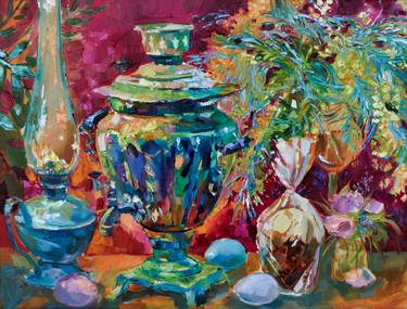 Russian Samovar original oil painting on canvas, stylish wall decor, still life, food thumb