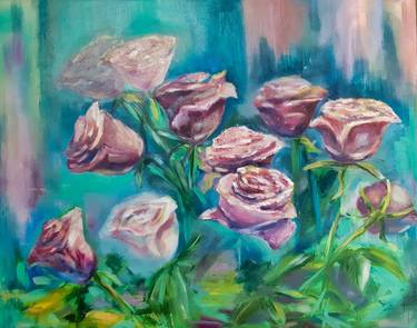 Roses - original oil painting on canvas, very peri, wall decoration thumb