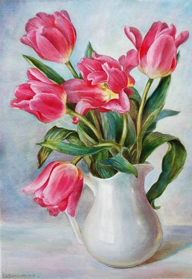 Tulips in a white jug thumb