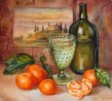 Still life with a green bottle and tangerines thumb