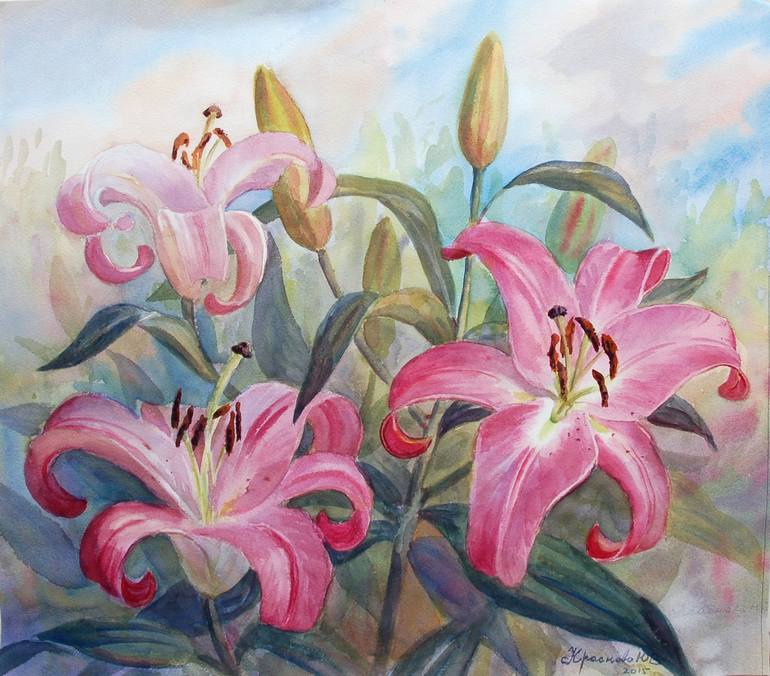 Lilies in the garden Painting by Yulia Krasnov | Saatchi Art