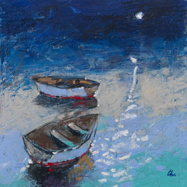 Boats in the moonlight. Original painting. Oil pastel. Impressionism  Painting by George Chertanov | Saatchi Art