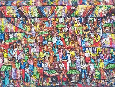 Colorful African market painting, African canvas, Large African thumb