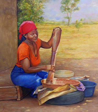 Painting of African woman grinding grain, African American thumb