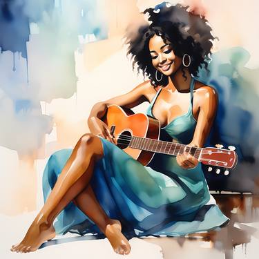 Girl with guitar, Watercolor painting, Digital thumb