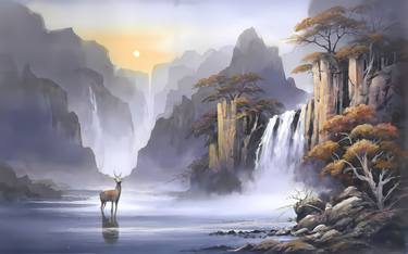 Original landscape and the deer, watercolor art, Digital thumb
