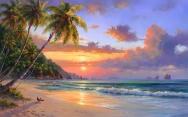 Serene tropical beach at sunrise, Oil canvas, Digital art thumb