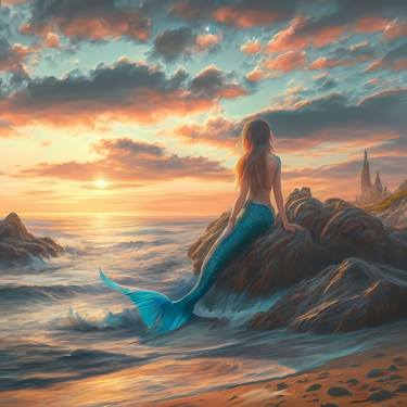 The mermaid enjoying sunrise, Digital art, Digital thumb