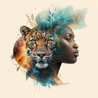 African queen and leopard, Digital art, Digital thumb
