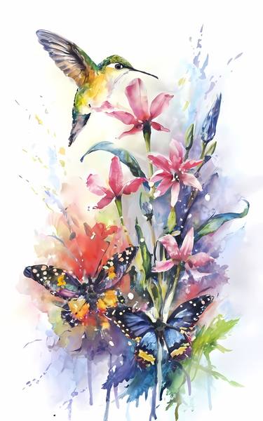 A Watercolor ballet of flowers, hummingbird and Butterflies, thumb