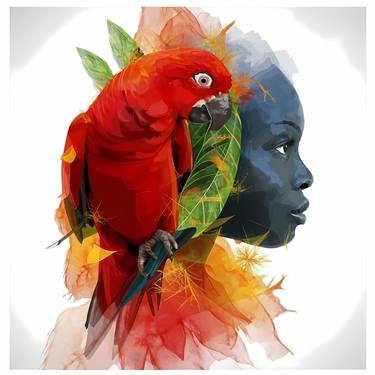 Portrait of an African Queen with scarlet parrot splendor, thumb