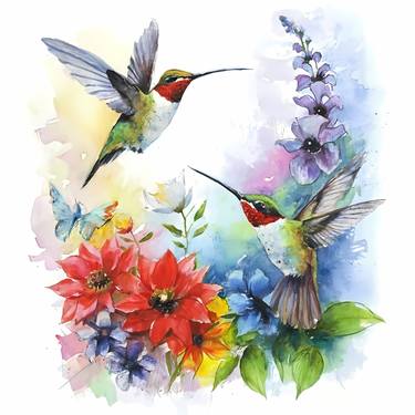 Whimsical hummingbird ballet amongst vibrant blooms, Fine art thumb