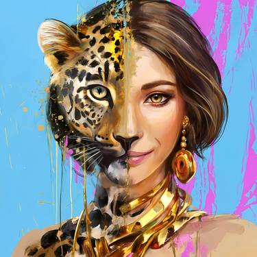 The enigmatic duality of a woman beauty with leopard ferocity thumb